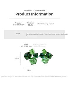 Detailed view of emerald square crystal earrings with silver needle and size specs