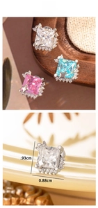 Detailed view of square zircon earrings in three colors with size measurements of 0.93cm
