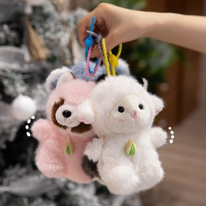 Cute plush animal keychain charms featuring sheep and raccoon with silicone wrist straps