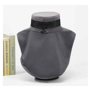 Detail of dark gray outdoor mosquito hat with breathable mesh and adjustable toggle