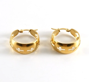 Detailed close-up of gold hoop earrings featuring hollow cross patterns in stainless steel