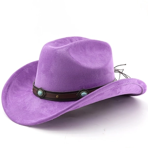 Chapeau de cowboy western violet en daim avec bandeau en cuir orné de perles turquoise