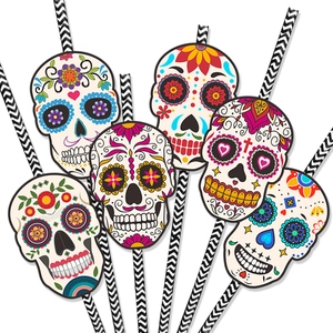 Biodegradable Day of the Dead paper straws with colorful sugar skull decorative toppers