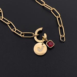 Elegante collana in acciaio al titanio dorato con iniziale J e cristallo rosso