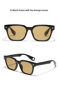 Detailed view of square black frames with orange lenses and hollow circular temple tips