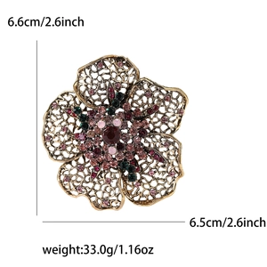Vintage alloy flower brooch with colorful rhinestones for women, size 6.6cm x 6.5cm