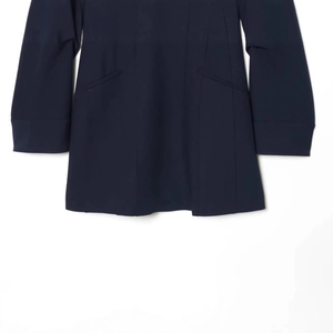 Navy blue mid-length button-down shirt dress with slim silhouette and side pockets