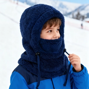 Detail of navy blue fleece thermal hood with adjustable drawstring for winter skiing