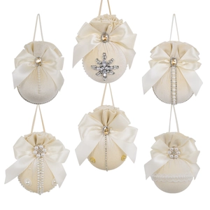 Set of 6 beige velvet Christmas ball ornaments with bows and pearl rhinestone details
