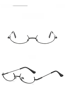 Front and side view of black under-rim metal glasses with a minimalist avant-garde design