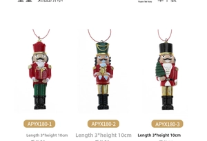 Detail of hand-painted resin nutcracker soldiers Christmas ornaments with red hanging strings