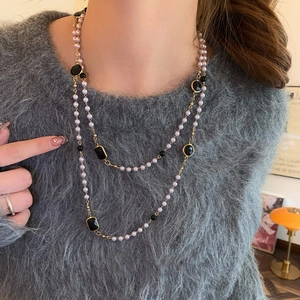 Long Necklace Faux Artificial Pearl Black Geometric Stone Double Layered Retro Elegant Vintage Sweater Chain Women Accessory