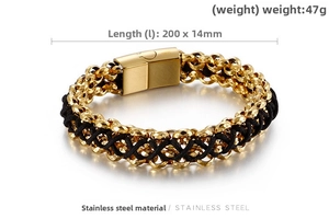 Détail du bracelet tressé en acier inoxydable avec fermoir magnétique doré et dimensions