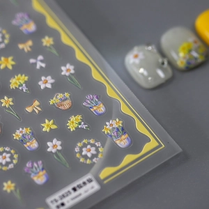 3D Embossed Nail Art Stickers Floral Narcissus Daisy Design Self Adhesive DIY Manicure Decals Elegant PET Professional