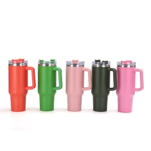 Five 40oz stainless steel tumblers with handles and straws in various matte colors