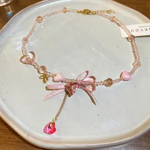 Pink beaded heart necklace with ribbon bow and crystal pendant for women fashion