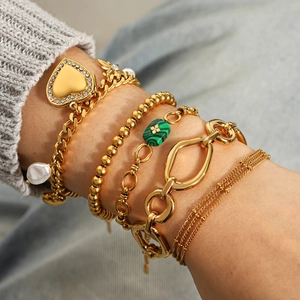 18K Gold Plated Stainless Steel Bracelet Heart Malachite Artificial Pearl Star Charms Multi Layer Adjustable Jewelry For Women