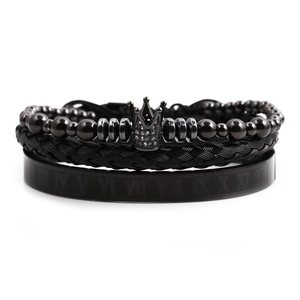 Men's black crown bead bracelet and roman numeral braided cuff set in stainless steel