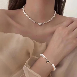 French Vintage Freshwater Pearl Jewelry Heart Magnetic Clasp Necklace And Bracelet For Women Elegant Accessory