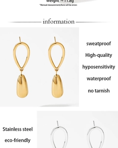 Polished gold and silver stainless steel teardrop pendant earrings with 11.8g weight