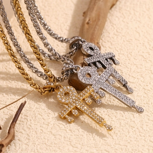 18K gold and silver plated Ankh cross necklaces with full diamond pavé on woven chains