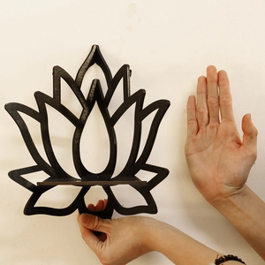 Minimalist black wooden lotus flower wall shelf for crystal storage and home decor