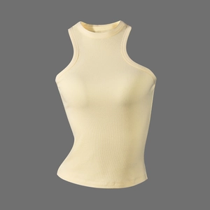 Close-up of the light yellow ribbed knit fabric texture on this slim sleeveless vest