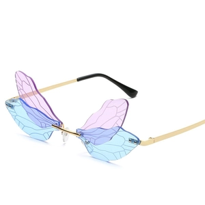 Colorful rimless butterfly wing sunglasses with gradient lenses and gold metal temples