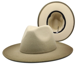 Detail view of khaki and beige gradient felt fedora showing inner black sweatband