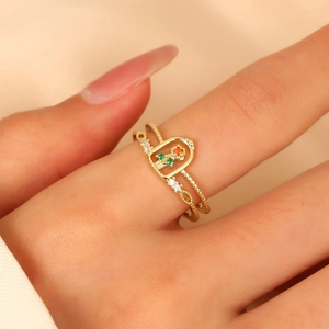 Vintage gold layered ring featuring a hollow flower with colorful stones and white zircons