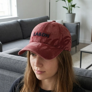 Vintage washed dark red baseball cap with LA&DH embroidery and subtle leaf patterns