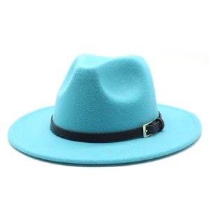 Close-up of bright turquoise wool fedora hat featuring a black leather belt with silver buckle