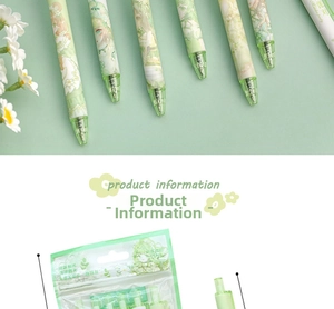 Detail of retractable matcha green gel pens with anime illustration in clear packaging