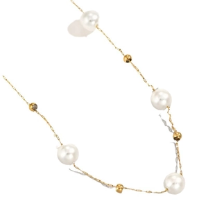 Elegant pearl necklace with gold metal beads and fine gold chain on white background