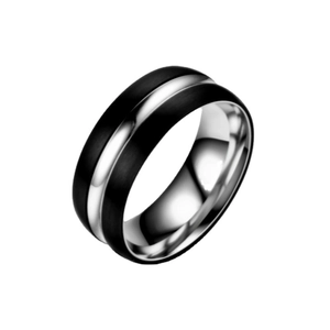 Classic two-tone titanium steel couple ring with black brushed finish and silver polished band