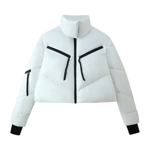 Women's white short puffer jacket with standing collar and black zipper contrast