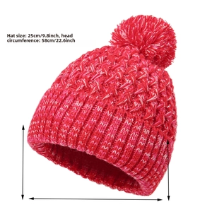 Detailed size measurement of red knit beanie with pom-pom showing height and width specs
