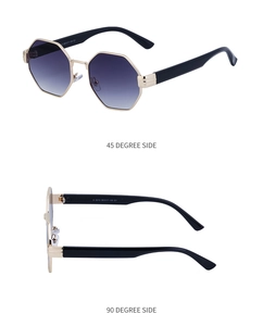 Detailed side views of octagonal gold metal frame sunglasses with gradient lenses