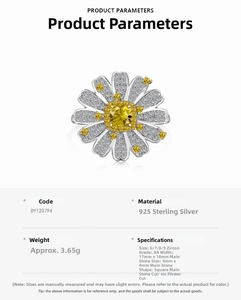 Detail of S925 sterling silver daisy ring featuring a 4mm ice-cut yellow zircon stone