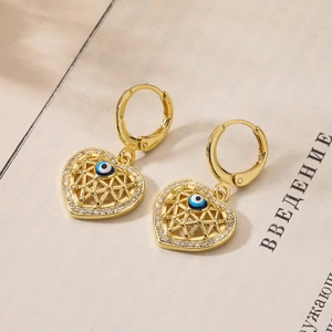 Gold plated heart evil eye drop earrings with sparkling zircon and hollow mesh detail