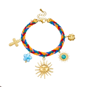 Bohemian colorful woven rope bracelet with gold sun cross and blue stone charms