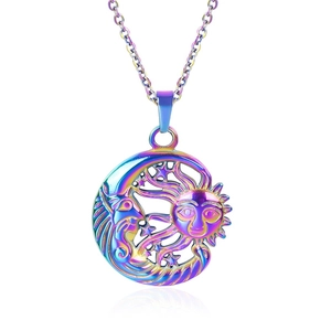 Macro view of rainbow-plated moon and sun pendant necklace with artistic hollow design