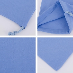Detail collage of light blue canvas drawstring bag showing fabric texture and inner stitching