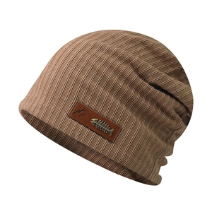 Ribbed Knit Beanie Slouchy Hat With Leather Patch Metal Fishbone Ornament Casual Streetwear Hip Hop Unisex