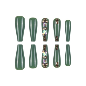 Deep forest green coffin press-on nails set with luxury rhinestones and amber gems