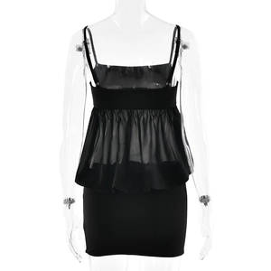Rear view of black bodycon mini dress with sheer mesh overlay and thin shoulder straps