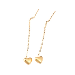 Minimalist gold heart chain earrings with polished heart pendants on white background
