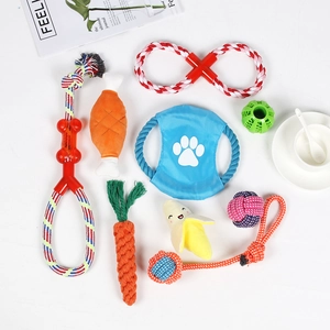 Close-up of durable cotton rope toys and plush squeaky items for dog dental health