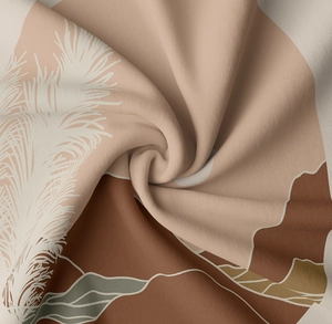 Close-up detail of soft abstract landscape tapestry fabric showing smooth texture and drape