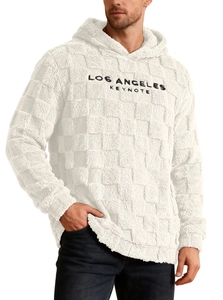 Macro shot of white Sherpa fleece hoodie with black Los Angeles Keynote embroidery